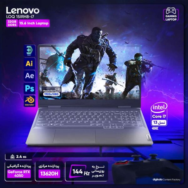 لپ تاپ 15.6 اینچی لنوو مدل LOQ 15IRH8-i7 13620H-32GB DDR5 5200MHz-512GB SSD-RTX4050-FHD - کاستوم شده