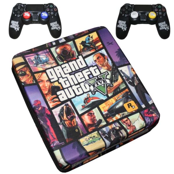 کیف حمل کنسول بازی پلی استیشن 4 مدل double GTA به همراه محافظ دسته و روکش آنالوگ
