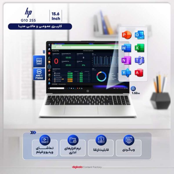 لپ تاپ 15.6 اینچی اچ‌ پی مدل G10 255-Athlon Silver 7120U-8GB DDR4-512GB SSD-TN - کاستوم شده
