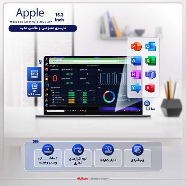 لپ تاپ 15.3 اینچی اپل مدل MacBook Air MC9D4 2024 LLA-M3-16GB RAM-256GB SSD