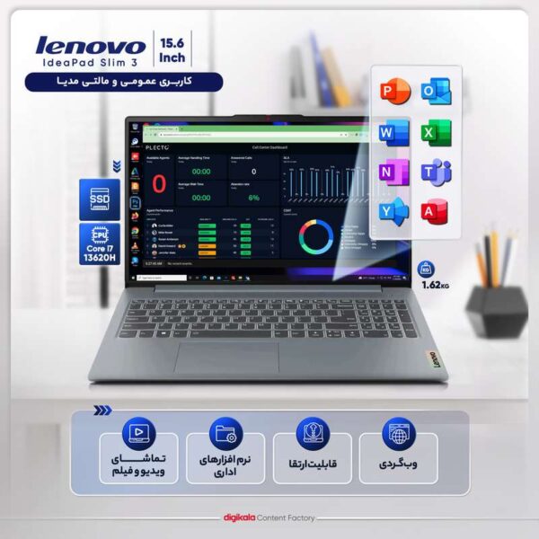 لپ تاپ 15.6 اینچی لنوو مدل IdeaPad Slim 3 15IRH8-i7 13620H-16GB LPDDR5-512GB SSD-IPS