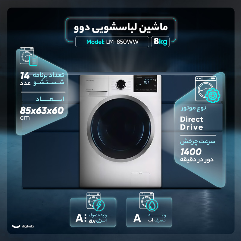 ماشین لباسشویی اتوماتیک دوو مدل LM-850WW ظرفیت 8 کیلوگرم