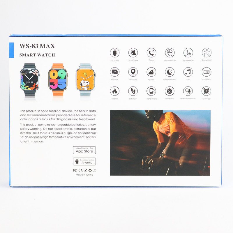 ساعت هوشمند دبلیو اِس مدل WS-83 MAX دارای قابلیت های صفحه نمایش رنگی، صفحه نمایش لمسی، کنترل موسیقی (Music Player)، کنترل سطح اکسیژن خون، قابلیت مکالمه مستقیم، قابلیت تغییر طرح ساعت یا تم بند سیلیکون