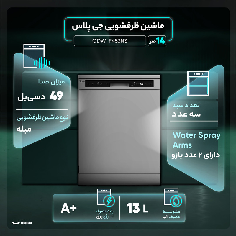 ماشین ظرفشویی 14 نفره جی پلاس مدل GDW-F453NS